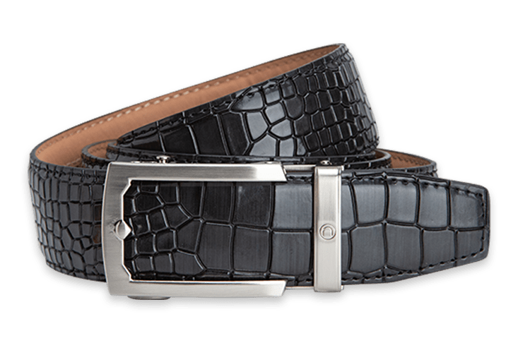 Vintage Black Stamped Croc Belt With Silver Buckle & Tip 