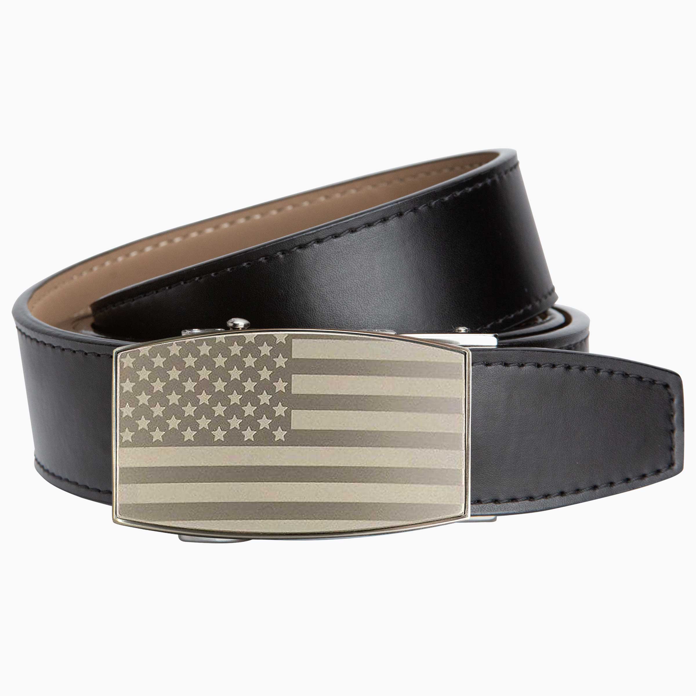 USA Flag Pewter Aston Black Golf Belt 1.38" [35mm]