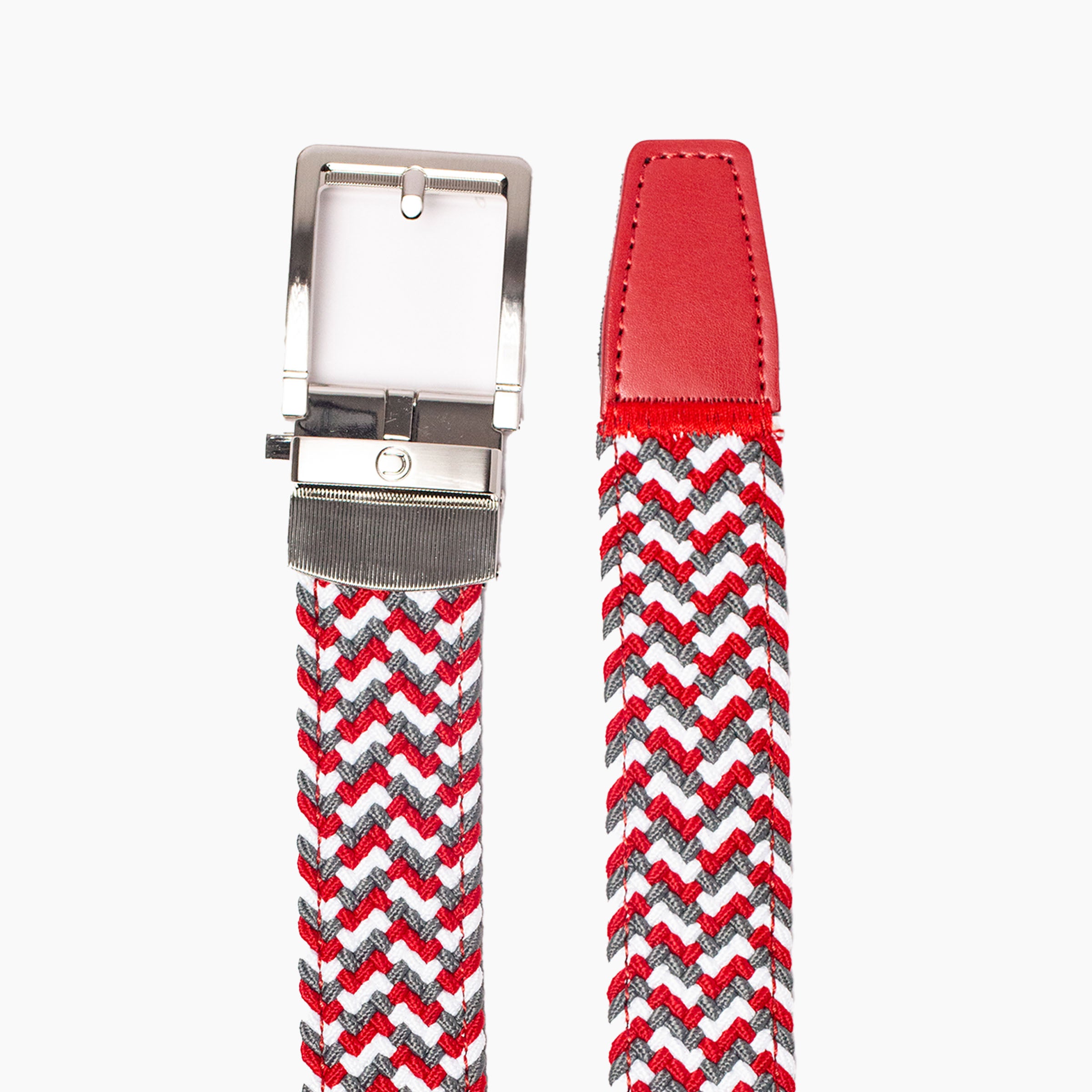 Braided Scarlet, Grey & White Golf Ratchet Belt 1.38" [35mm]